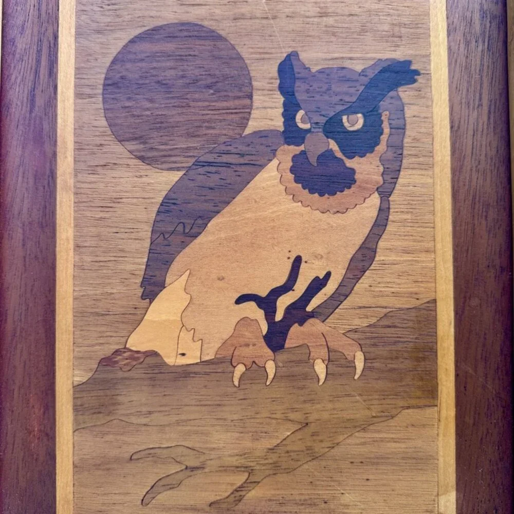 Vintage Wood Marquetry Owl Wall Art - Picture 4 of 9